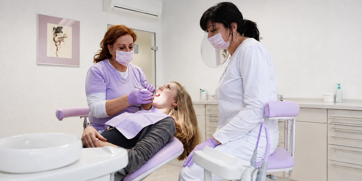 Dentist Rita Goutkin treating a patient with an assistant at the practice in Cologne