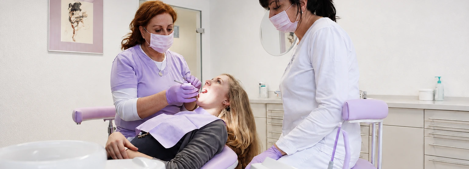 Dentist Rita Goutkin treating a patient with an assistant at the practice in Cologne
