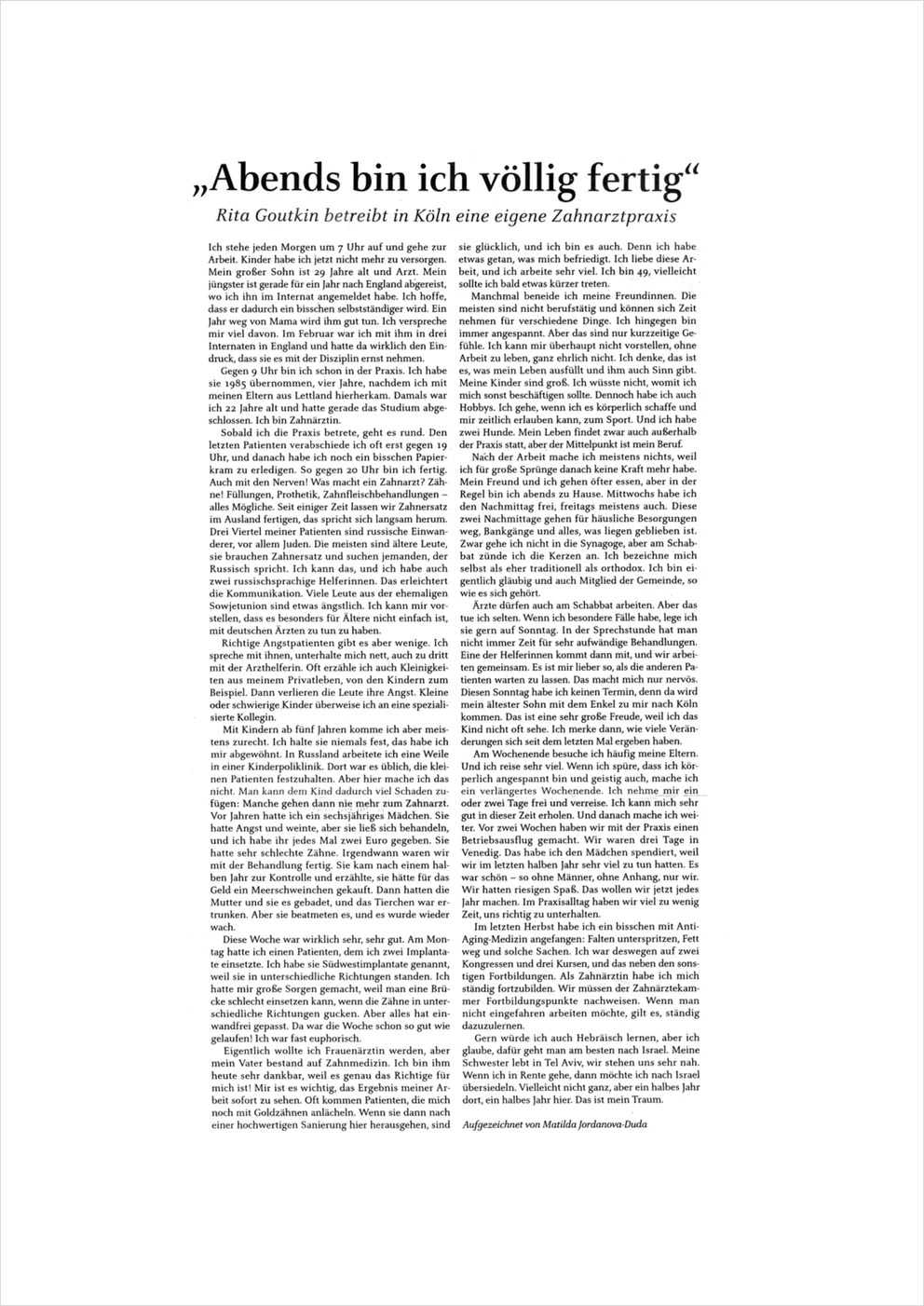 Page of the newspaper Jüdische Allgemeine with the portrait “By the evening I am completely exhausted”
