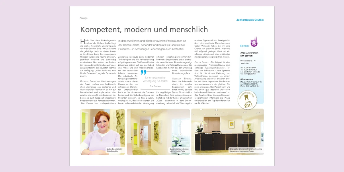 Double page “Competent, modern and caring” with photographs of the practice