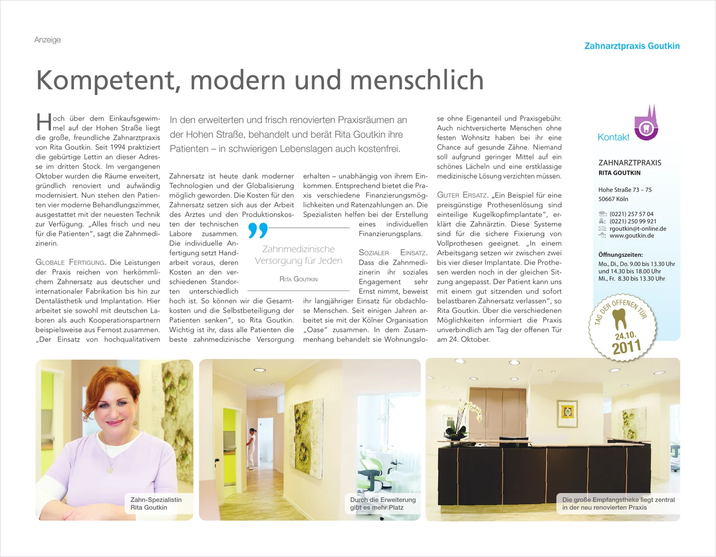 Double page “Competent, modern and caring” with photographs of the practice
