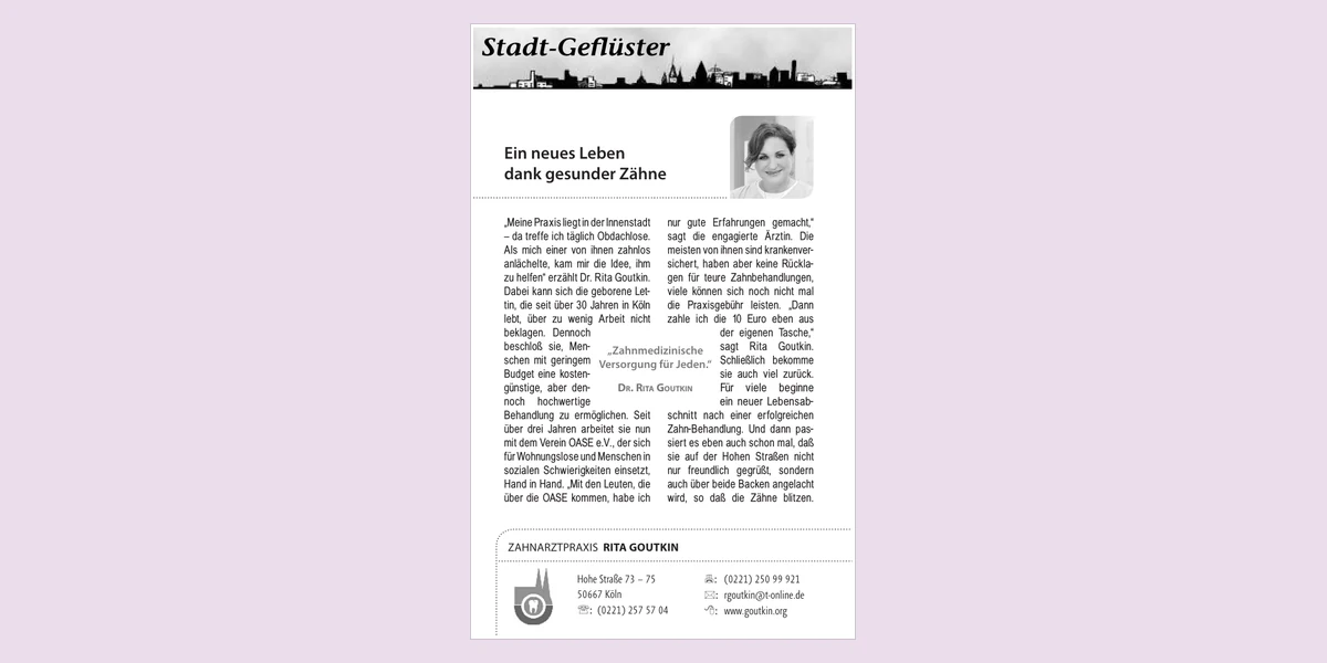 Newspaper page “A new life thanks to healthy teeth” from the magazine Stadt-Geflüster