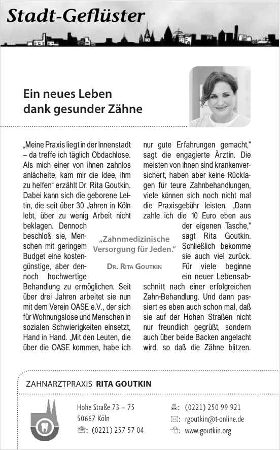 Newspaper page “A new life thanks to healthy teeth” from the magazine Stadt-Geflüster